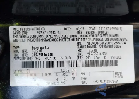 2017 Ford Focus Se z USA, uszkodzony, nr VIN 1FADP3K20HL258774